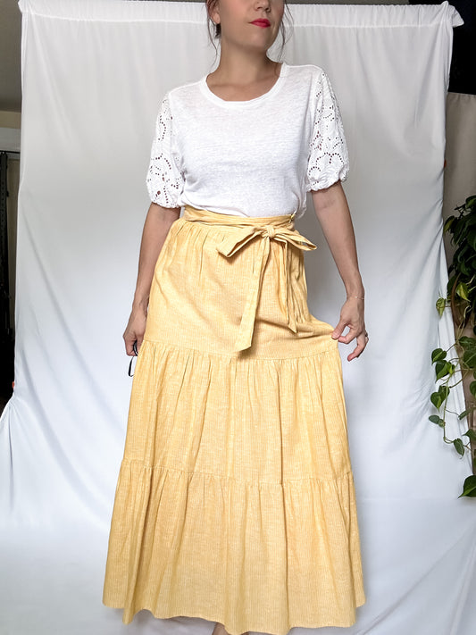 Yellow Striped Linen Blend Tiered Maxi Skirt (fits XS-S)