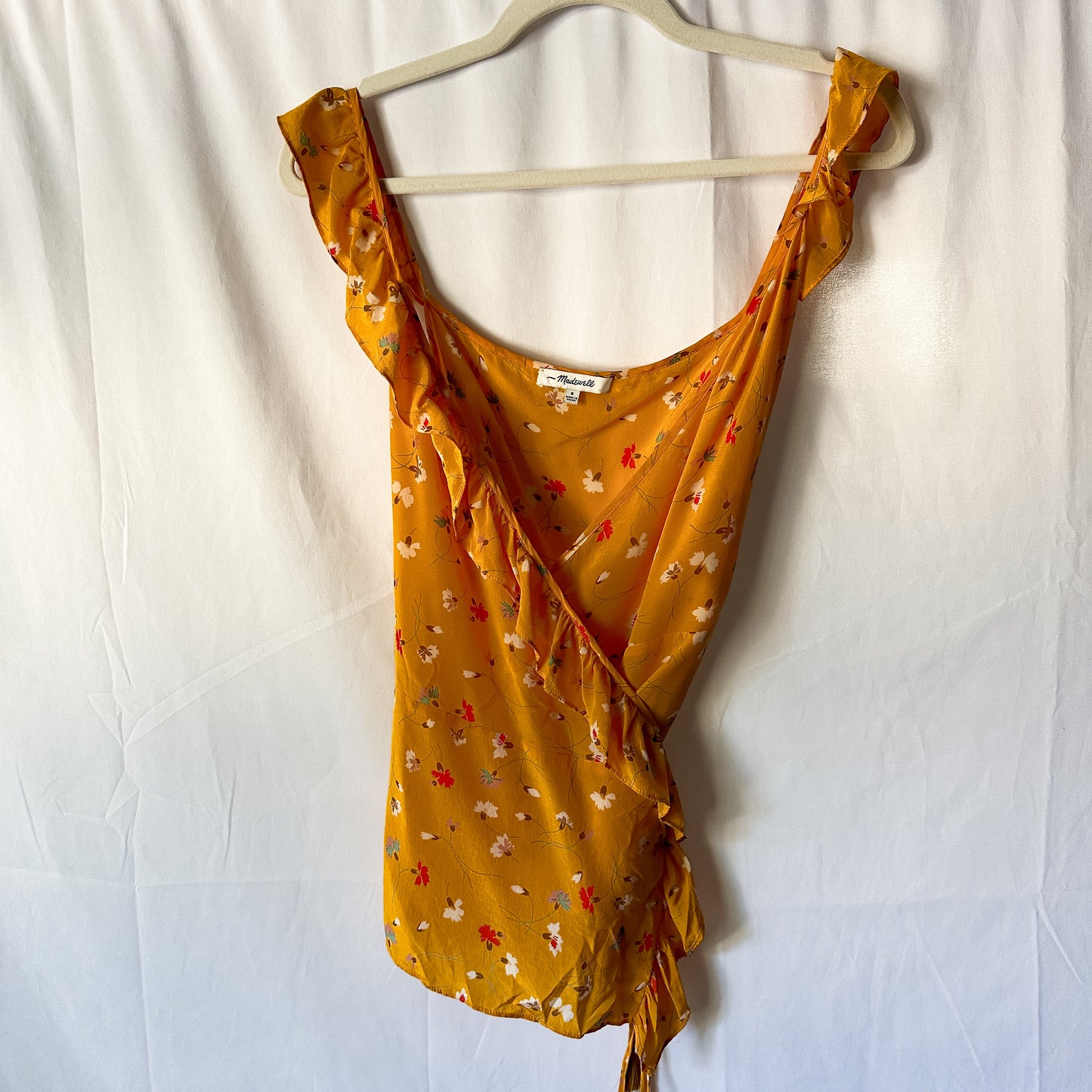 Silk Goldenrod Floral Ruffle Sleeve Wrap Tank (fits size 6-8)