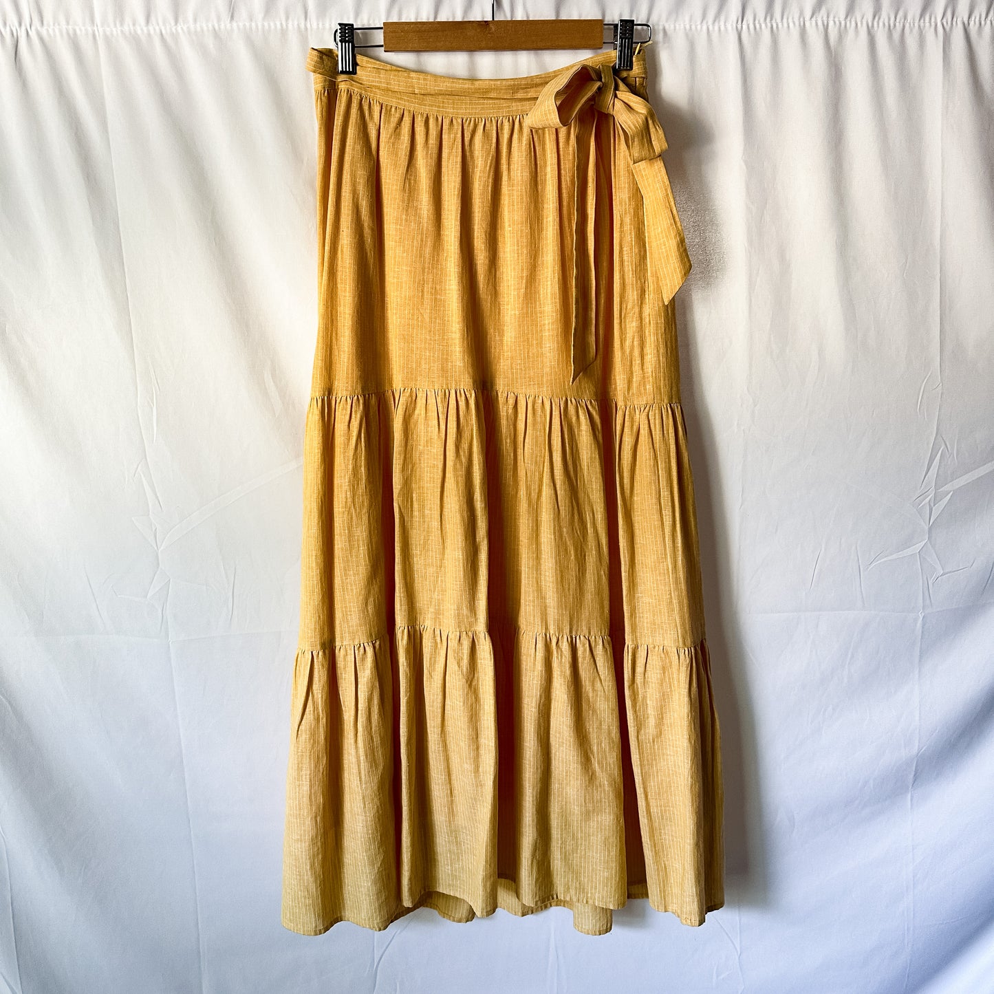 Yellow Striped Linen Blend Tiered Maxi Skirt (fits XS-S)