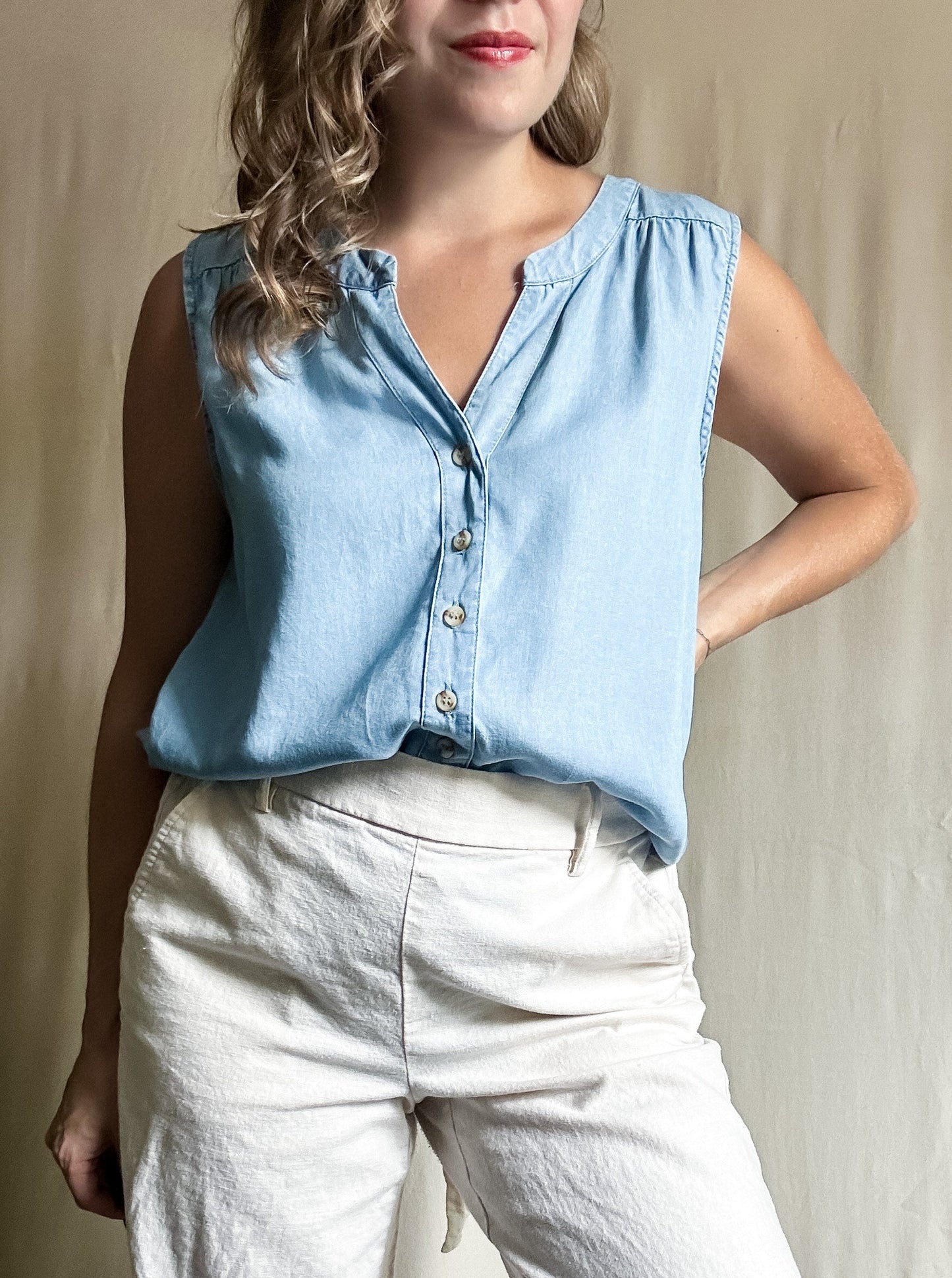 Blue Chambray V-neck Button Front Tank (fits M-L)
