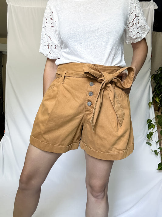Tan Paper Bag Button Fly Trouser Shorts (fits size 4-6)