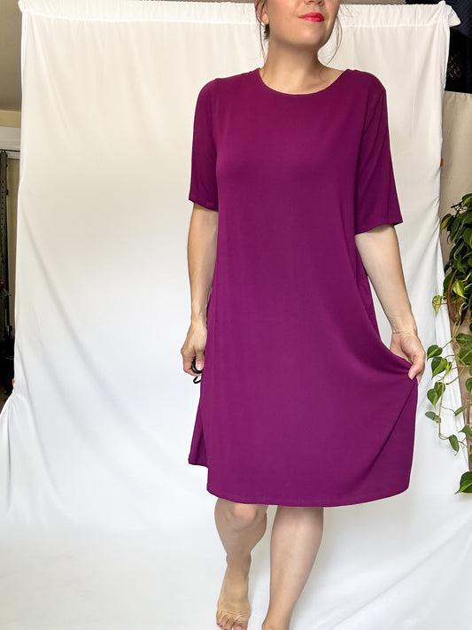 Eileen Fisher Plum Jersey Knit Short Sleeve Shift Dress (fits S-M)