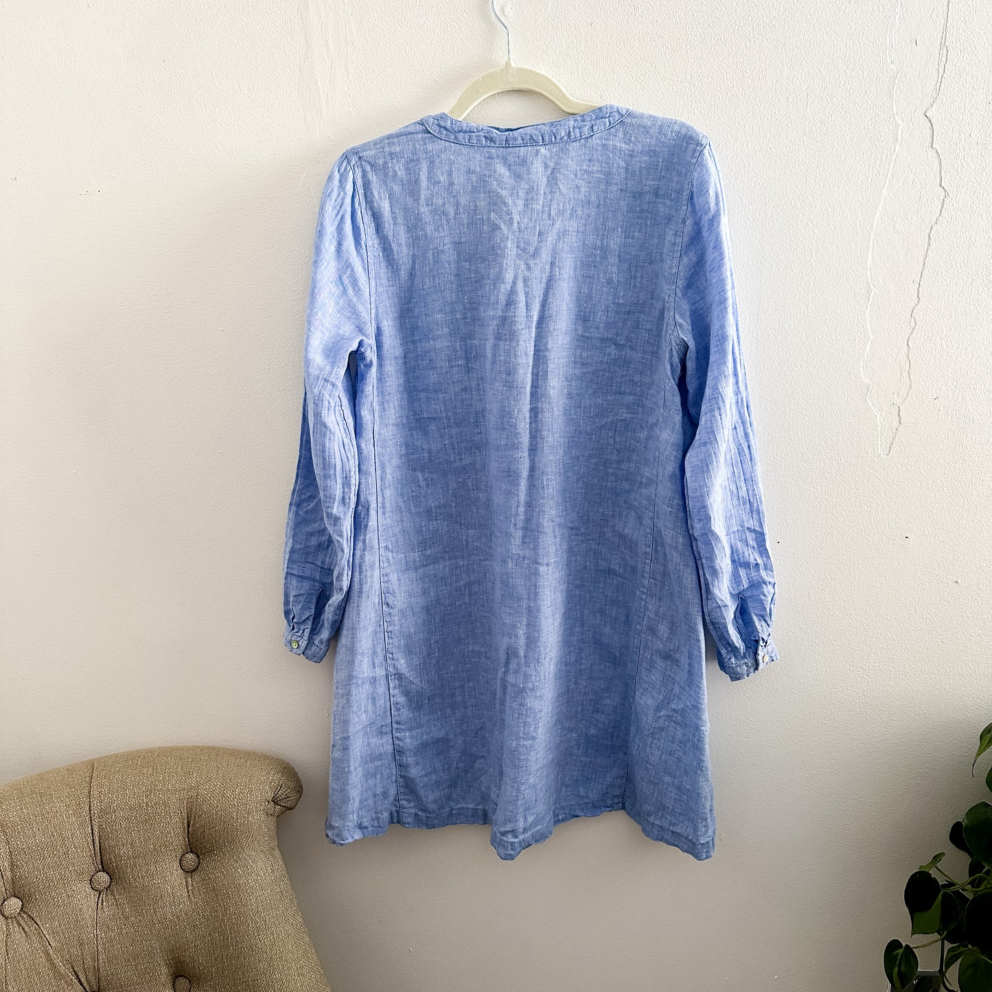 Linen Blue Long Sleeve Shift Dress (fits XS-M)