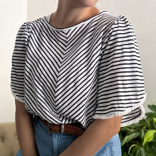 Chicos Linen Tulip Sleeve Striped Top (fits M)