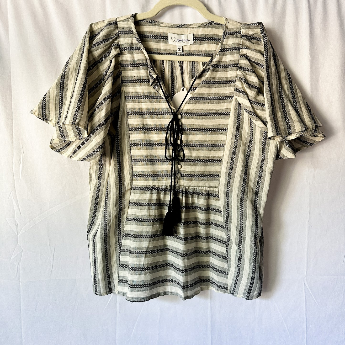Striped Flutter Sleeve Peasant Top Blouse (fits M-L)