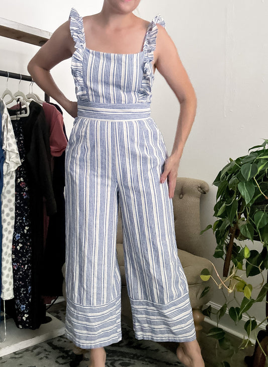 Linen Ruffle Sleeve Striped Jumpsuit (fits XS-S)